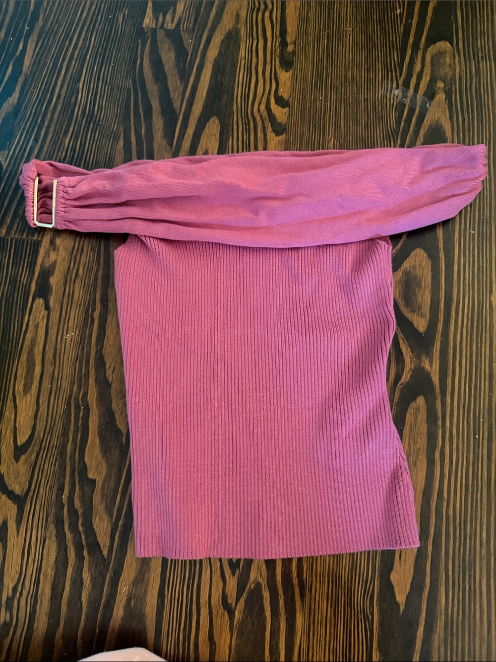 Abercrombie & Fitch Off-Shoulder Ribbed Sweater in Rose Pink with Buckle Sleeve